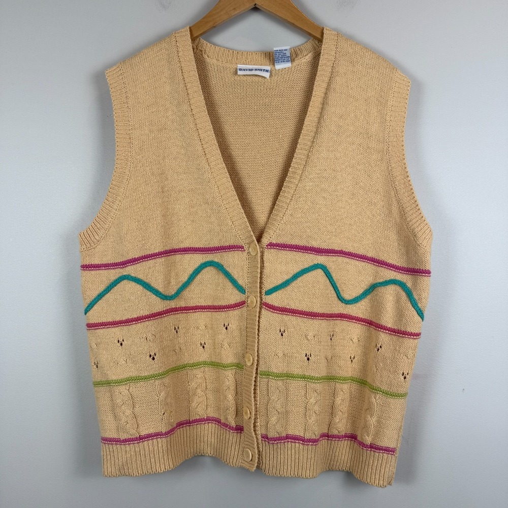 Vtg Sweater Vest‎ Women XL Yellow Stripe Button Front Grandma Cottagecore 90s
